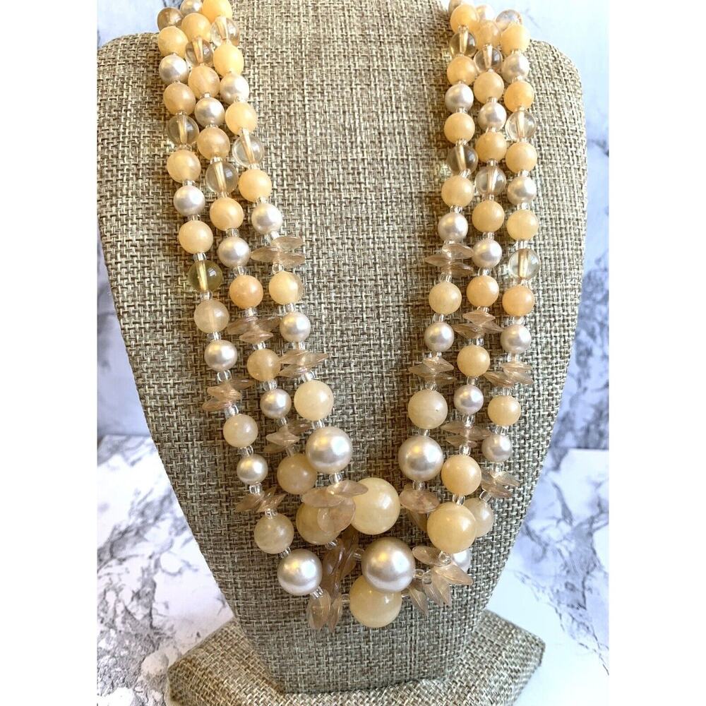 Vintage 50's 3 Strand Beaded Necklace AB Crystals Tan & Taupe Beads 19"